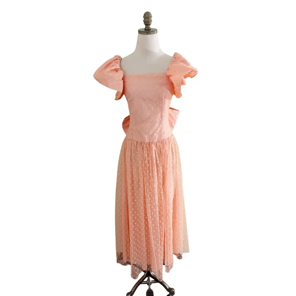 Vintage 80s Peach Tulle Swiss Dot Prom Dress Sz XS/S Short Sleeve Ruffle Accent